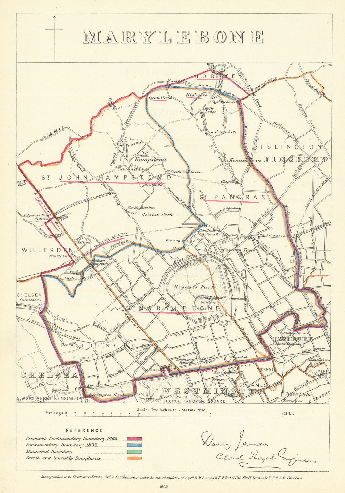 Marylebone, London. JAMES. Parliamentary Boundary Commission 1868 old map